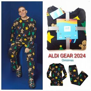 ALDI GEAR CHRISTMAS 2024 Men's 2pc Cotton Blend Gingerbread Man Pajama Set Black